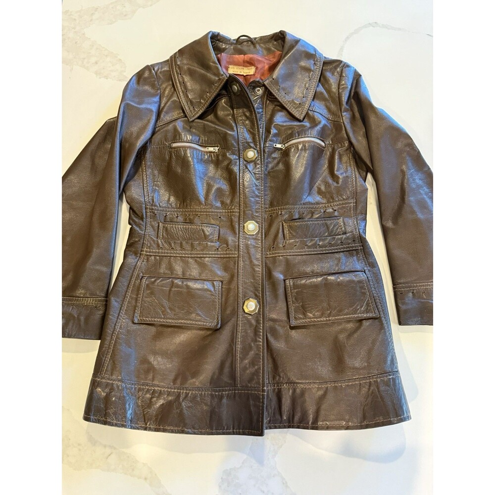 VTG 60s 70s Chocolate Brown Leather Short Trench Coat Jacket Women’s Sz S